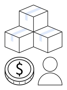 Birikmiş kutular, dolar işaretli madeni para ve insan taslağı. Ticaret, lojistik, taşımacılık, ticaret, finans müşteri hizmetleri ve takım çalışması kavramları için idealdir. Soyut çizgi düz metafor
