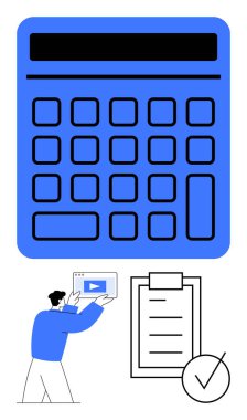 Hesap makinesinin tuş takımı, panodaki işaretli kontrol listesi ve ortam sekmesiyle etkileşim içinde olan kişi. Muhasebe, eğitim, veri girişi, organizasyon, planlama, üretkenlik ve hesaplama için ideal