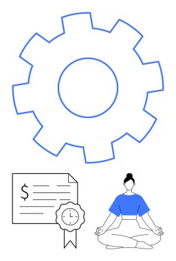 Büyük mavi dişli, kurdeleli siyah mali sertifikalı, Lotus pozisyonunda meditasyon yapan mavi gömlekli bir kadın. Üretkenlik, iş hayatı dengesi, verimlilik, finansal başarı, farkındalık için ideal