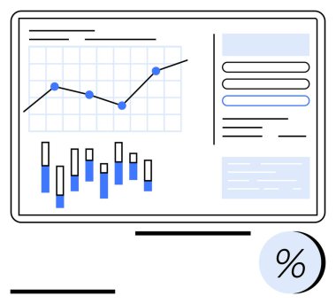 Çizgi grafiği, bar grafiği, yüzde simgesi ve ızgara yerleşimi içeren veri paneli. İş anlayışı, finansal analiz, performans takibi, veri sunumu, istatistik araştırması için ideal