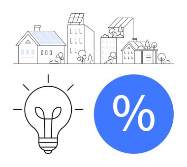 Sustainable cityscape with solar-paneled buildings, light bulb indicating energy efficiency, and percentage sign for cost savings. Ideal for green architecture, eco-friendly living, renewable energy clipart