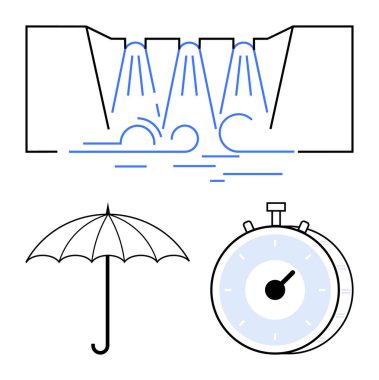 Baraj kapısı, şemsiye ve kronometreden akan su. Kaynak koruma, su yönetimi, sürdürülebilirlik, zaman verimliliği, koruma stratejileri, afet hazırlığı soyut çizgisi için ideal