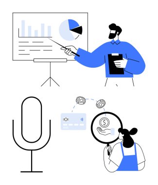 Stantta çizelgeler sunan bir adam, bir mikrofon ikonu, kredi kartı ve para birimi sembolleri. İş toplantıları, sunumlar, mali büyüme, çevrimiçi işlemler, veri güvenliği e-ticareti için ideal