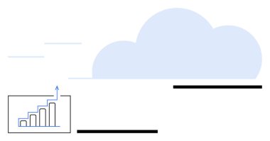 Yükselen çubuk grafiği olan mavi bulut büyümeyi gösteriyor. İnce çizgiler ve basit şekiller yenilik ve ilerlemeyi iletir. Finans, büyüme, analitik, teknoloji, iş, modernite, soyut çizgi için ideal