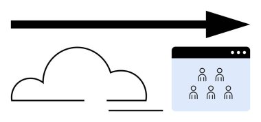 Bulutu kullanıcı simgeleriyle pencereye bağlayan ok. Bulut hesaplama, takım işbirliği, veri transferi, çevrimiçi iletişim, iş akışı otomasyonu, uzaktan çalışma, soyut çizgi düz metaforu için ideal