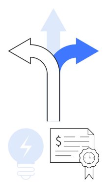Üç ok farklı yönleri gösteriyor. Seçenekleri ya da yolları gösteriyor. Dolar sembolü, saat mührü ve ampul sembolü olan bir sertifika. Karar verme, yenilik ve finans için ideal