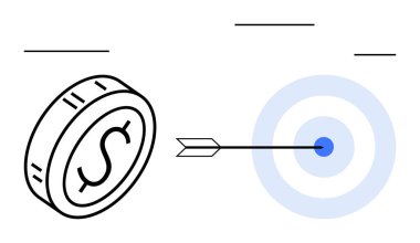 Para ve ok mavi hedefi vuruyor. Başarı, hassasiyet, strateji, finans, yatırım, iş planlaması, hedef başarı için idealdir. Soyut çizgi düz metaforu temsil eder