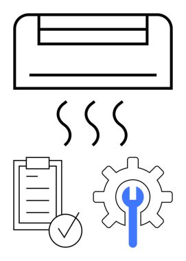 Klima, bakım, onarım, işletme ve verimliliği sembolize eden kontrol listesi ve teçhizatla sıcak hava yayıyor. Hizmet, iklim kontrolü, sürdürülebilirlik, teknik kavramlar ve enerji için ideal
