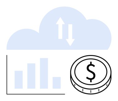 Veri aktarım okları olan bulut, büyümeyi simgeleyen bar çizelgesi, yatırımı temsil eden madeni para. Finans, bulut hesaplama, veri depolama, analitik, teknoloji, ekonomi soyut çizgisi için ideal