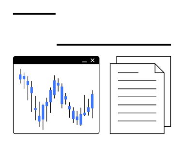 Finans piyasası şamdan şeması ekranda iki rapor belgesinin yanında. Finans, iş analizi, veri bilimi, yatırım, ticaret, eğitim, strateji planlaması için idealdir. Çizgi