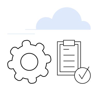 Vites, kontrol işaretli kontrol listesi, ve görev yönetimini temsil eden bulut, sistem ayarları ve bulut depolama. Üretkenlik, bilişim çözümleri, iş akışı, bulut teknolojisi proje yönetimi otomasyonu için ideal