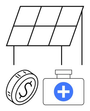 Güneş paneli enerji üretiyor, maddi tasarruflar için madeni para biriktiriyor, sağlık malzemelerini sembolize ediyor. Enerji sürdürülebilirliği, maliyet tasarrufu, sağlık hizmetleri, yeşil teknoloji, çevre dostluğu için ideal