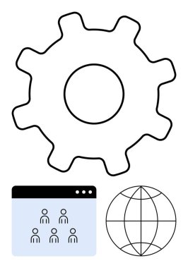 Ekip çalışması, sistem işlemleri ve dünya çapında entegrasyonu sembolize eden dünya ana hatlarını simgeleyen kullanıcı simgesi, tarayıcı penceresi. Teknoloji, ağ oluşturma, küresel erişim, yazılım ekip çalışması için ideal