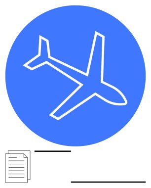 Üzerinde bir belge sembolü olan mavi bir dairenin içindeki uçak ana hatları. Seyahat, havacılık, lojistik, iş, belgeleme, planlama ve küresel bağlantı kavramları için idealdir. Soyut satır düzlüğü