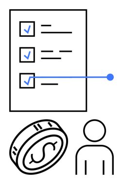 Mavi işaretli kontrol listesi, dolar işaretli para ve insan simgesi. Finans, üretkenlik, proje yönetimi, bütçe belirleme, kişisel görevler için ideal bir plan. Satır metaforu