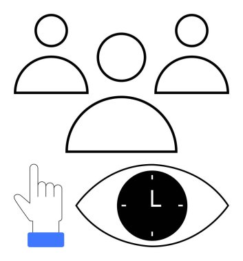 Minimalist tasarım, üç stil sahibi insan, saatli bir göz ve parmak şıklatması içeriyor. İşbirliği, zaman yönetimi, odaklanma, verimlilik, koordinasyon, liderlik soyut çizgi için ideal