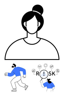 Soyut özellikleri olan bir kadın portresi, koşan bir adam ve risk odaklı bir büyüteç. Kimlik için ideal, karar verme, analiz, uyarı, kişisel büyüme, motivasyon soyut çizgi