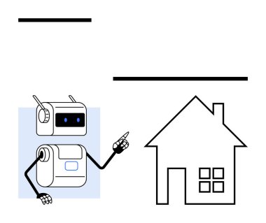 Antenleri ve ekranı olan dost canlısı bir robotun çizimi basit bir ev planına minimalist tasarımla bakıyor. Teknoloji, yenilik, yapay zeka, akıllı evler, gelecekte yaşam, robot bilimi için ideal.