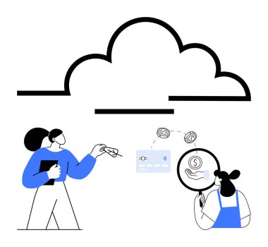 Kullanıcılar bulut sembolü ile etkileşime giriyor, para değiş tokuşu yapıyor ve finansal verileri analiz ediyorlar. Bulut hesaplama, finansal işlemler, siber güvenlik, veri yönetimi, bilgi teknolojisi, dijital