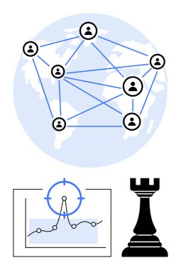 Birbirine bağlı insanlarla dolu bir dünya, analitik çizelge, hedef işaretleyici, satranç kalesi takım çalışmasını sembolize ediyor, strateji, veri güdümlü kararlar, liderlik, küresel ulaşım, soyut çizgi düz metafor.