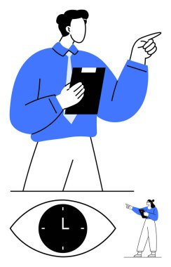 Mavi gömlekli biri pano ve jest yapıyor, siyah saat göz sembolü içinde, daha küçük aynalı figür. Zaman yönetimi, liderlik, planlama, gözlem, süreler, odaklanma için ideal