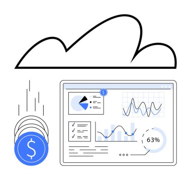 Finansal analiz ekranlı bulut grafikleri, pasta grafiği ve verileri gösteren mavi para birimleri düşüyor. Finansal analiz, veri analizi, bulut hesaplama, iş zekası için ideal