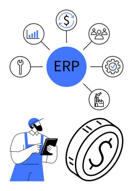 ERP hub connecting financials, workflow, analytics, and tools with worker using tablet. Ideal for business management, supply chain, automation, technology, finance productivity abstract line flat clipart