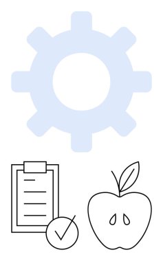 Soluk mavi bir vites, işaretli bir pano, yapraklı bir elma. Üretkenlik, organizasyon, sağlık, refah, planlama verimliliği için idealdir. Soyut çizgi düz metafor