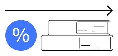 İki kitap yığını, yüzde işaretli mavi daire ve sağı gösteren siyah ok. Eğitim, bilgi, ilerleme, büyüme, öğrenme yüzdeleri ve başarı kavramları için idealdir. Soyut satır düzlüğü