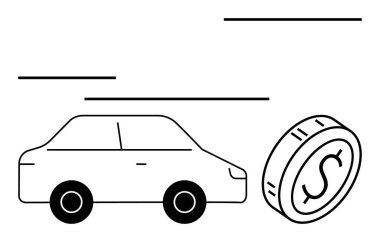 Araba yanında masrafları, bütçe ve ulaşım masraflarını sembolize eden bir dolar. Finans, tasarruf, kredi, otomotiv bütçesi, maliyet analizi, ekonomik denge çizgisi düz