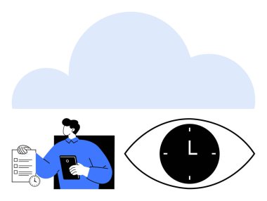 Large cloud symbol above man holding checklist and tablet, eye with clock representing time management. Ideal for teamwork, scheduling, data storage, process optimization, remote work, deadlines clipart