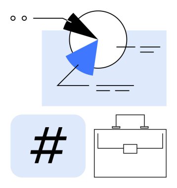 Veri noktalarının yer aldığı pasta tablosu, mavi bir kutuda meta veri etiketi sembolü ve bir evrak çantası taslağı. Veri analizi, sosyal medya, iş-yaşam dengesi, strateji, minimalizm, soyut dijital platformlar için ideal