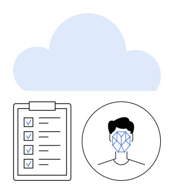 Cloud icon above checklist with completed tasks and facial recognition biometric icon. Ideal for technology, security, AI, workflow, biometrics, cloud, authentication. Abstract line flat metaphor clipart