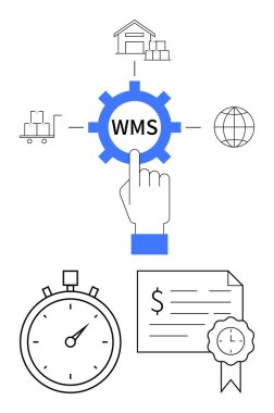 Merkezi dişli etiketli WMS elle etkinleştirilmiş, depo, küresel ve ulaşım simgeleri ile çevrili. Kronometre ve sertifika dahil. Lojistik, tedarik zinciri, verimlilik ve yönetim için ideal