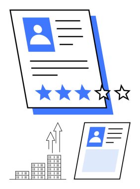 Yıldız reytingli profil kartları, yukarı bakan oklar ve değerlendirme, performans ve başarıyı sembolize eden bar çizelgeleri. HR, askere alma, değerlendirme, büyüme kariyer stratejisi için ideal