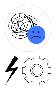 Karmaşık çizgileri olan mavi üzgün bir yüz bir vites ve yıldırımın üzerine çizilmiş. Ruh sağlığı, stres, problem çözme, verimlilik, enerji, soyut düz metafor için ideal