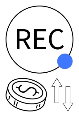 Mavi noktalı REC metni, dolar işaretli bozuk para, yukarı ve aşağı oklar. Finans, muhasebe, gelir takibi, mali analiz, muhasebe, bütçe planlama ekonomik raporları için ideal