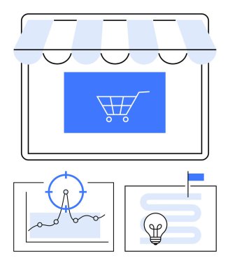 Alışveriş arabalı dijital mağaza önü, hedefli analitik grafik, ampullü ve bayraklı yol haritası. E-ticaret, iş büyümesi, strateji, veri analizi, pazarlama ve yenilik için ideal
