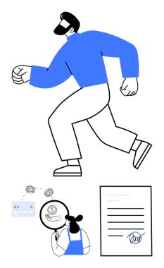 Kişi çalıştırma, finansal belge, büyüteç, para ve kredi kartı. Mali planlama, ilerleme, strateji, yatırım işletme büyüme analizi için ideal başarı metaforu