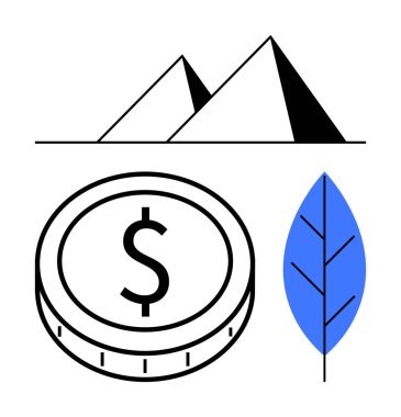 Dolar işaretli sikke, iki piramit ve finans, kültür mirası ve ekolojik bilinci sembolize eden mavi yaprak. Ekonomi, sürdürülebilirlik, kültür, küresel ticaret zenginliği turizmi için ideal