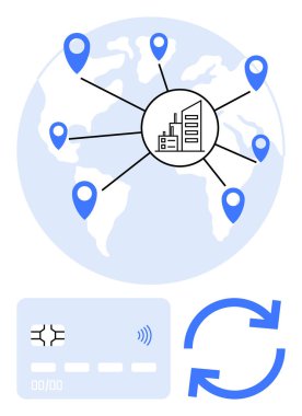 Bina merkezli dünya haritası, lobut, kredi kartı ve tazeleme ikonu. Küresel ticaret, finans teknolojisi, para akışı, dijital bankacılık, iş seyahati lojistiği için ideal soyut hat