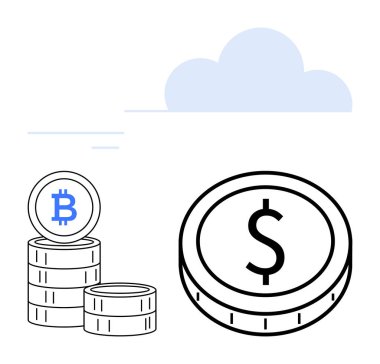 Bitcoin ve dolarları bir bulutun yanına istiflenmiş. Fintech, engelleme zinciri, tasarruf, dijital yatırım, para transferi, e-ticaret, ekonomik büyüme için ideal. Soyut çizgi düz metafor