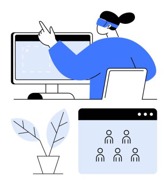 VR kulaklık takan bireyler bilgisayar arayüzü, takım işbirliği penceresi ve dijital santralle etkileşime geçiyor. Sanal gerçeklik için ideal, UI tasarımı, uzak çalışma, yaratıcılık, metaevren, yenilik