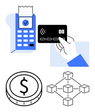 Faturası, ağ bağlantısı ve dolar parası olan ödeme terminalinin yanındaki el ele tutuşma kartı. Fintech, e-ticaret, engelleme zinciri, bankacılık, kripto para birimi, güvenlik için ideal