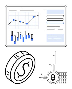 Grafikleri ve grafikleri olan veri paneli, büyük paralar ve dijital düğümlü bitcoin grafiği. Finans, kripto para birimi, veri analizi, ticaret, yatırım, fintech soyut hattı için ideal