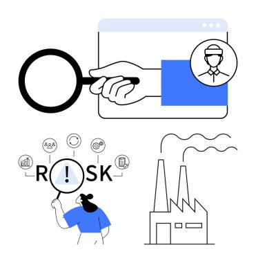 Hand holding magnifying glass over worker profile and risk text surrounded by icons. Factory with smoke stacks emitting fumes. Ideal for safety, compliance, inspection, analysis, decision-making clipart