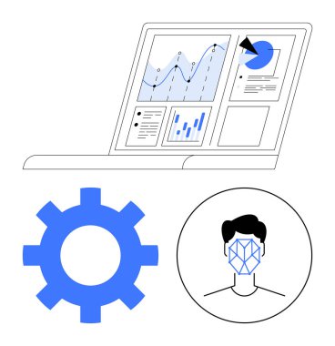 Dizüstü bilgisayardaki grafikler, vites sembolü ve biyometrik yüz taraması. Teknoloji, yapay zeka, makine eğitimi, veri analizi, güvenlik otomasyonu yeniliği için ideal. Soyut çizgi düz metafor