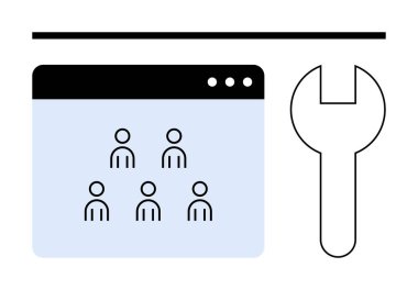 Web browser window with team icons and wrench tool conveying user management and system settings. Ideal for team setups, software tools, IT solutions, collaboration, digital workspaces, user clipart