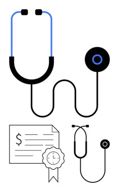 Stetoskop siyah ve mavi, bir dolar işareti olan tıbbi bir makbuz, saat onaylı mühür. Sağlık, sağlık faturası, sertifika, sigorta, finans, zaman yönetimi için ideal