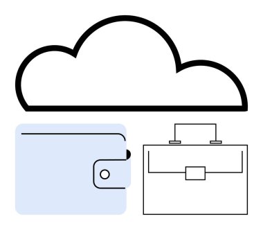 Minimalist cüzdan ve evrak çantası ikonları üzerinde bulut grafiği, finans, iş ve güvenli depolama için dijital çözümleri temsil ediyor. Teknoloji, tasarruf, yönetim ve iş akışları için ideal. Soyut